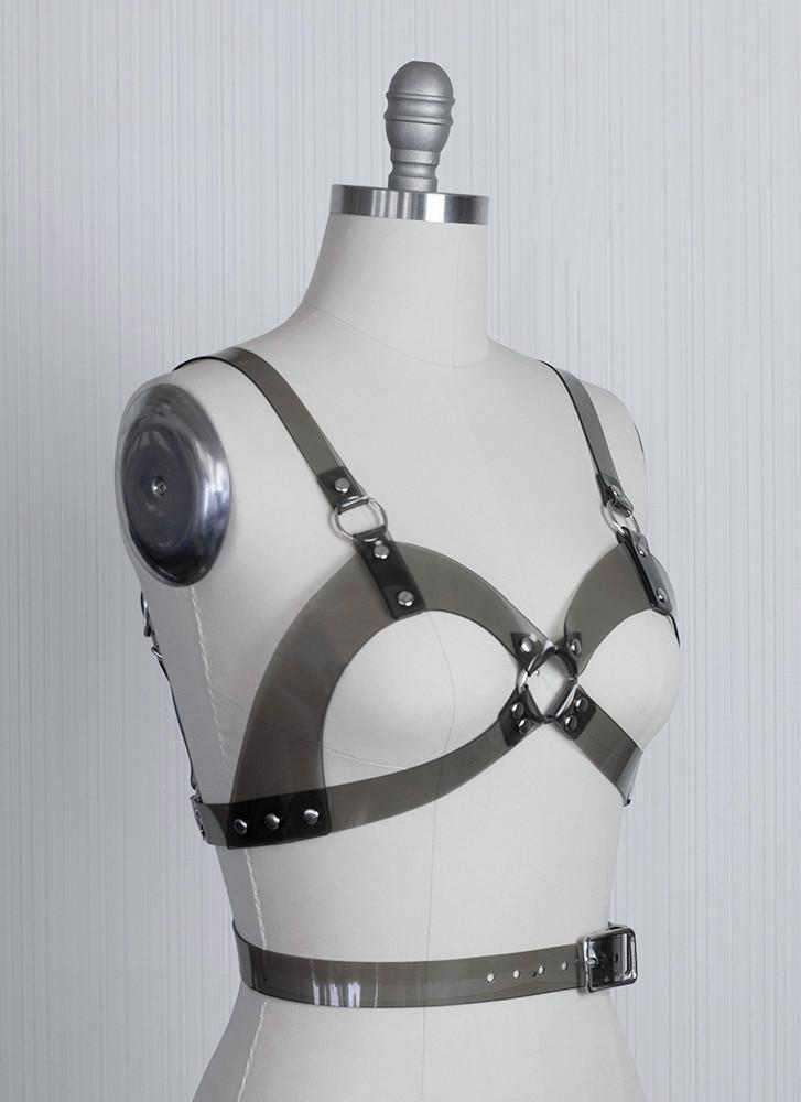 Apatico clear PVC leather gothic wraparound harness with open cup. On Mannequin.