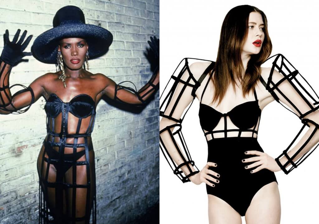 Grace Jones on left. Chromat 'Android Arms' on right.