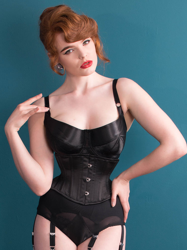What Katie Did. Lingerie Trends - Corsetry. Short black waist cincher/corset with matching black retro bra, panty, and garter set.
