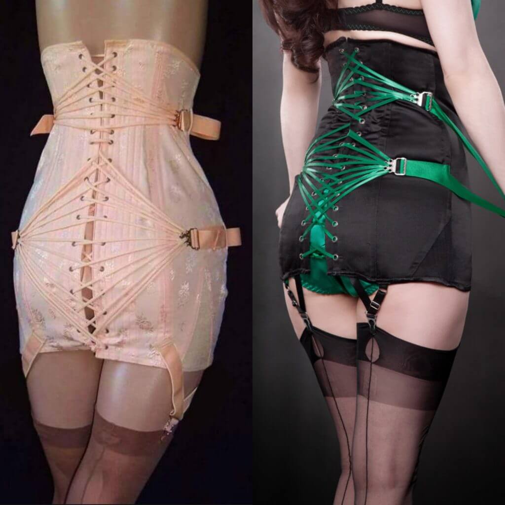 Left: Early 20th Century Fan Laced Girdle, Right: Kiss Me Deadly Fan Laced Girdle