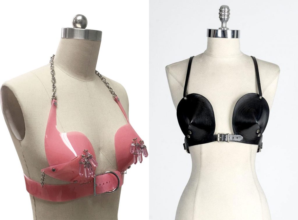 Two images of PVC bullet bras. On left, Creepy Yeha pink bullet bra with crystals hanging from apex and chain halter strap. On right, Zana Bayne black, circular cup bullet bra. Both on mannequins.