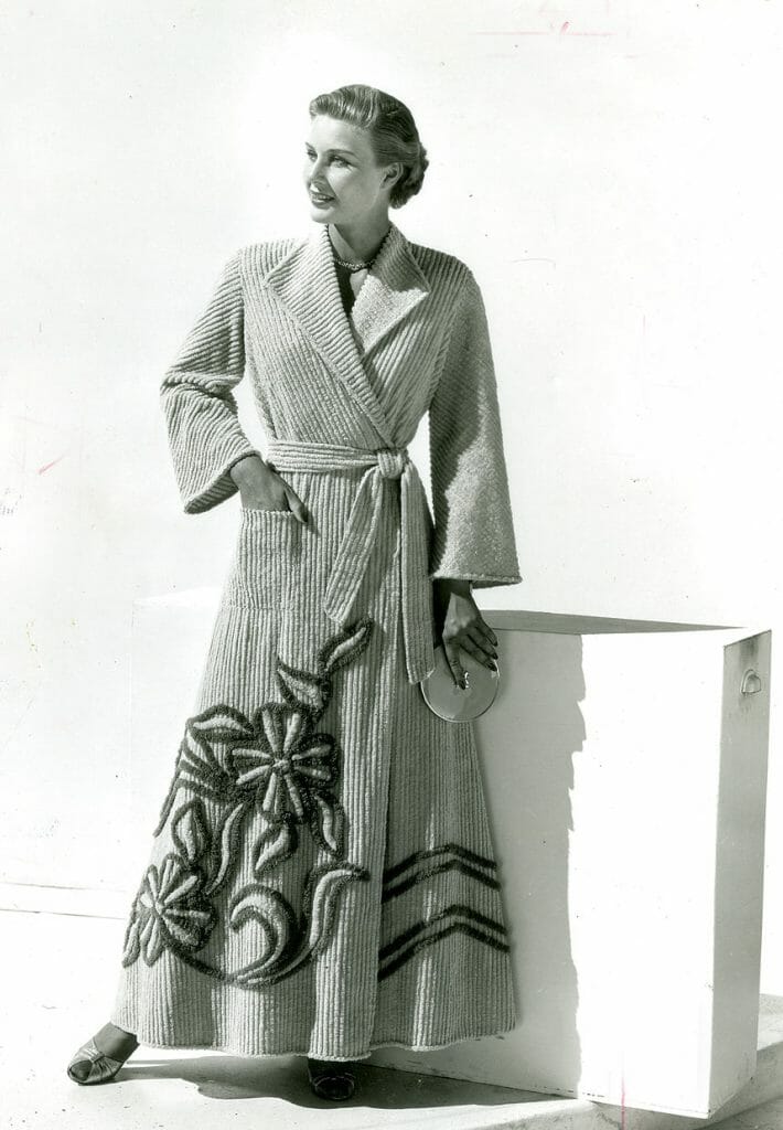 Model wearing a chenille robe by Art-Rich, circa 1953.