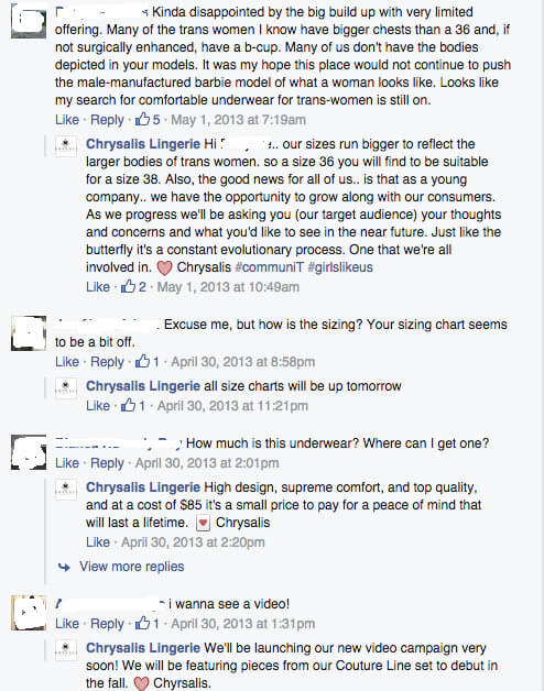 Sizing issues and a claim that their size 36 is actually more like a 38. Via Chrysalis' Facebook page.