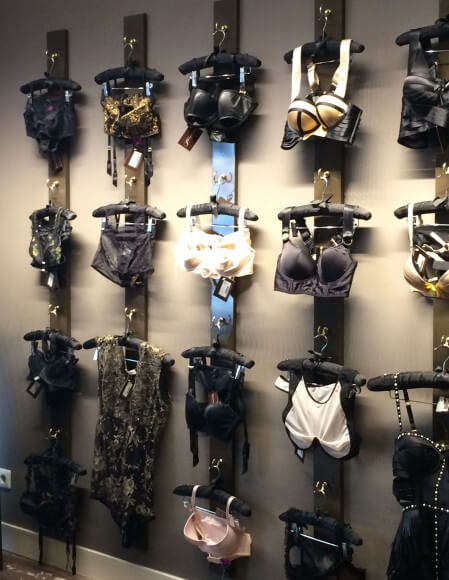 One wall of bras in Pleasurements.