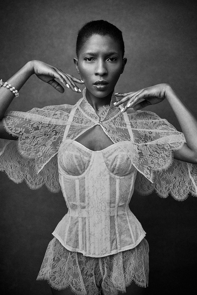 Karolina Laskowska corset, tap pants, cape. Photographed by Laura Sheridan. Model: Tinotenda.