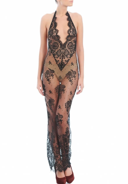 I.D. Sarrieri Halter Long Chantilly Lace Dress in Black - $1,464