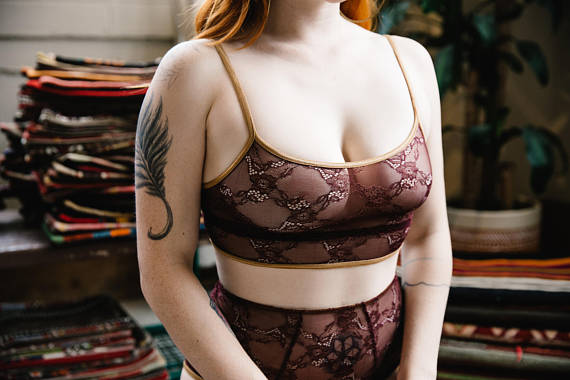Burgundy Lace Camisole Bralette - Gold Holiday Plus Size Lingerie