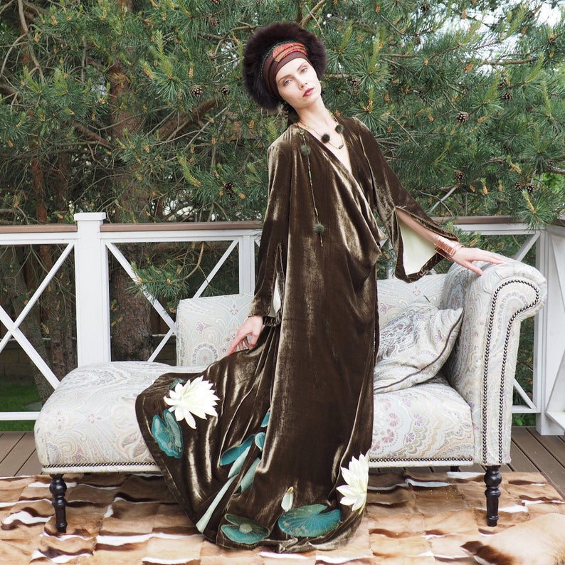 Silk Velvet Caftan with Lotus Embroidery