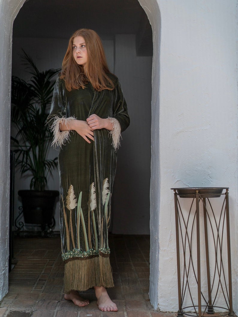 Silk Velvet Caftan with Reeds Embroidery