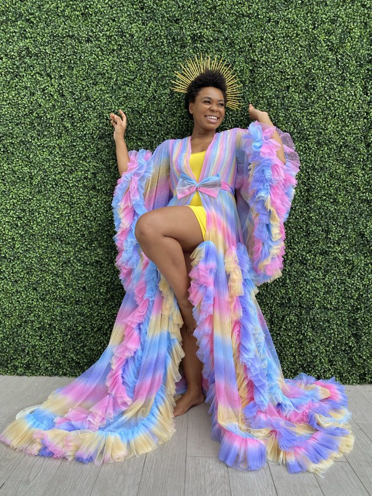 Rainbow ruffle long sleeve floor length robe by Oyemwen