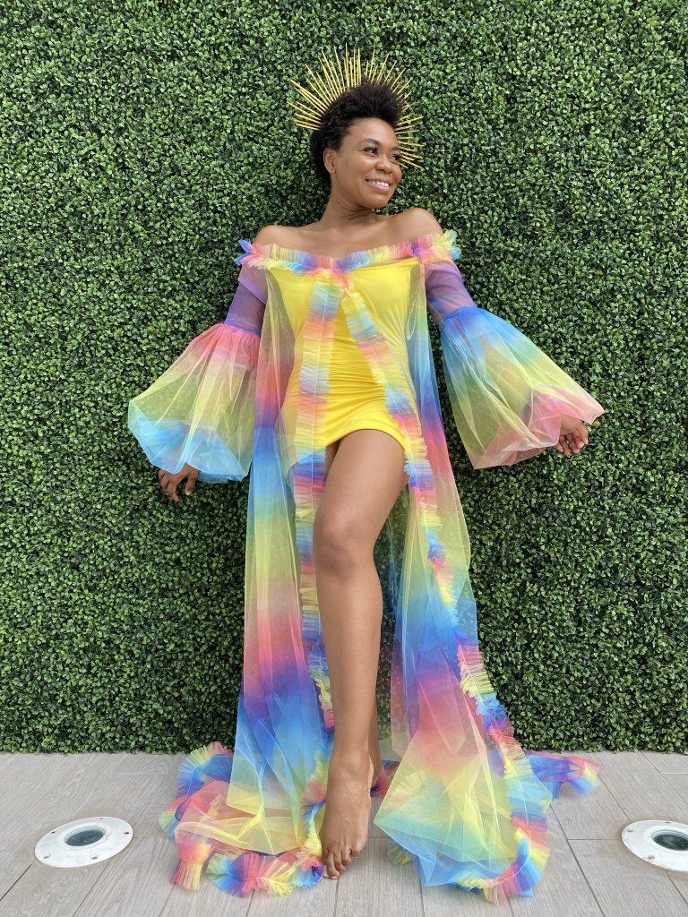 Rainbow sheer dress with matching slip by Oyemwen