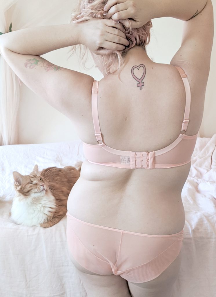 Back shot of model wearing Sophia, blush pink, lingerie set in bedroom. Sheer mesh fabric on bra wings and knicker back coverage. 