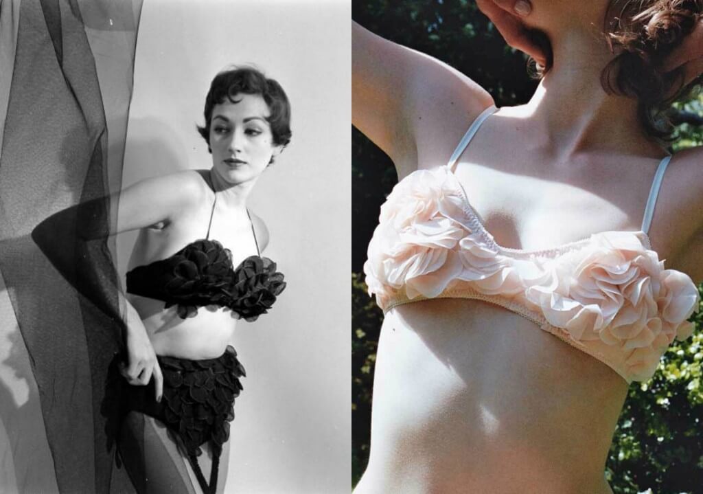 Vintage bra photographed by Nina Leen on left. Miss Crofton 'Blush' bra on right.