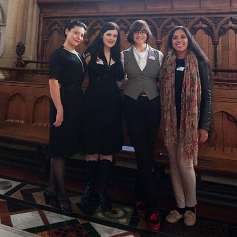 Special guests of the Oxford Conference of Corsetry: keynote speaker Autumn Adamme and sponsor Cathy Hay stand with delegates Lucy (of Lucy's Corsetry) and Lowana O'Shea (of Vanyanis). Photo © Laurie Tavan.     Special guests of the Oxford Conference of Corsetry: keynote speaker Autumn Adamme and sponsor Cathy Hay stand with delegates Lucy (of Lucy's Corsetry) and Lowana O'Shea (of Vanyanis). Photo © Laurie Tavan.