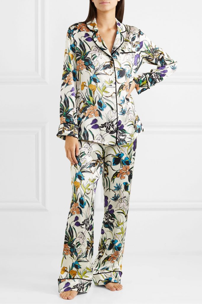 Olivia Von Halle silk pajamas. Silk is one of the best loungewear fabrics.