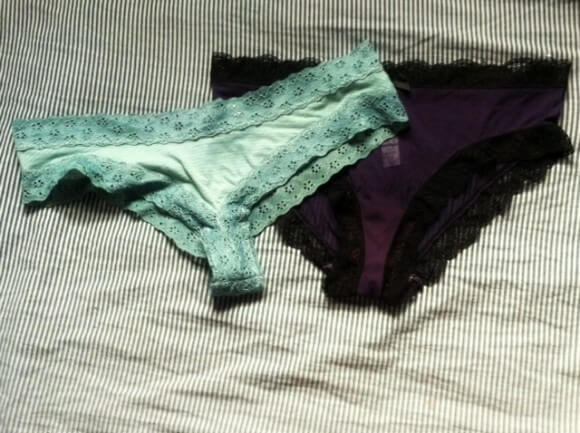 Panties dyed from white. Left: dyed to match green bra. Right: just for fun.