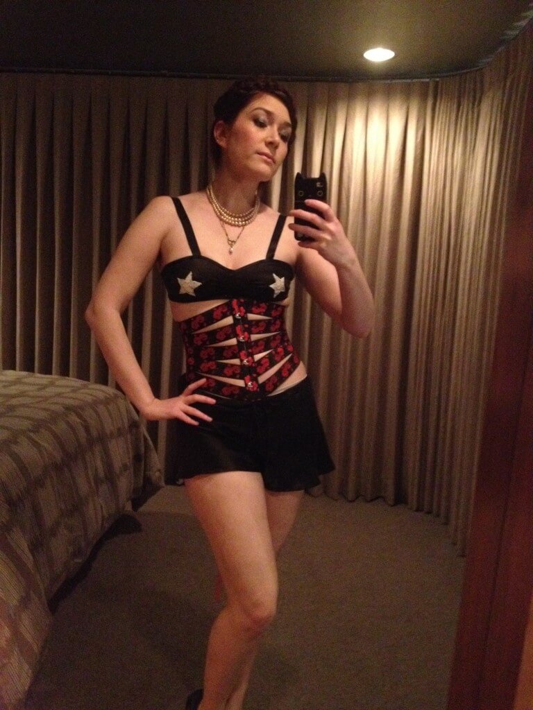 My ensemble for the night: bralette, ribbon corset, and shorts all by Honey Cooler Handmade.