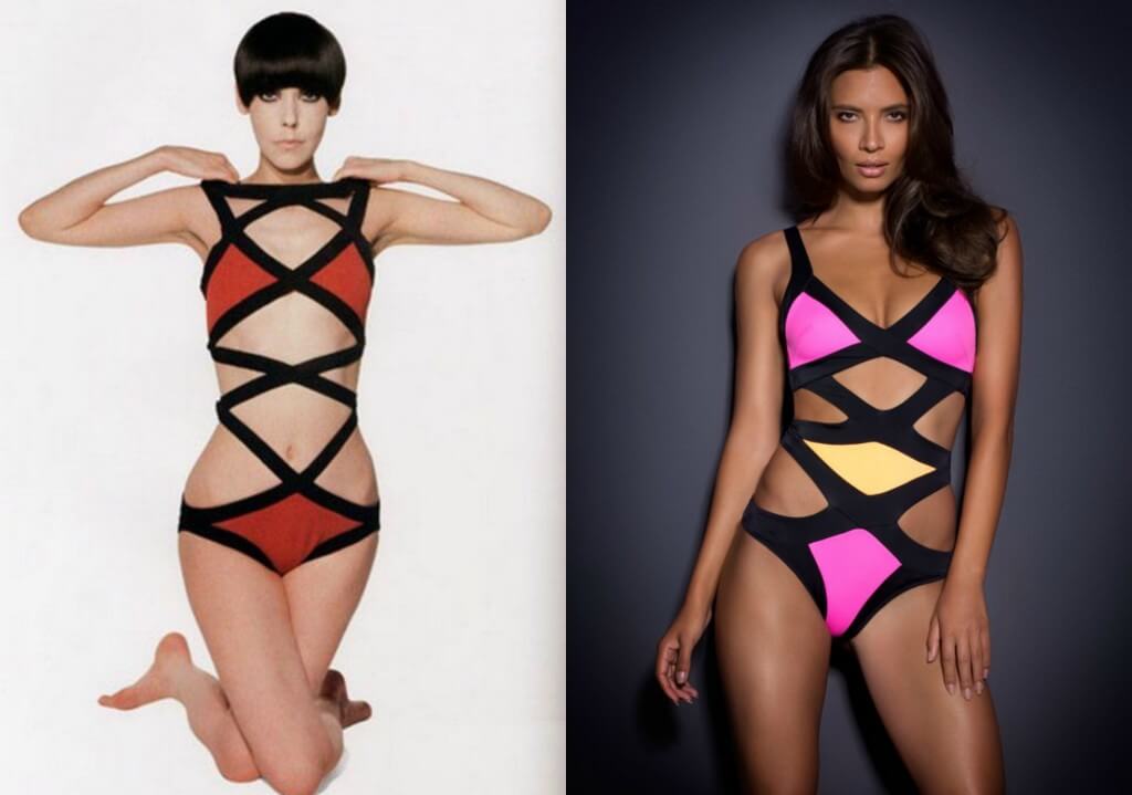 Rudi Gernreich Monokini on left. Agent Provocateur 'Mazzy' Swimsuit on right.