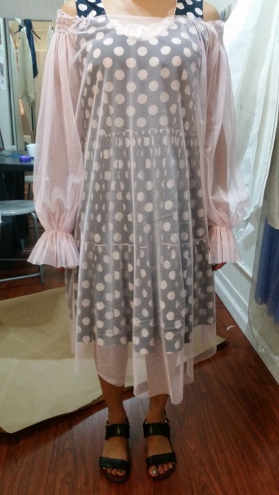 Front view of the muslin. We decided to shorten the skirt so it was about knee-length and shorten the wrist ruffle to 2". I wanted everything as full and flowing as possible, so we decided to add fullness to the sleeves and make each side of the skirt as wide as the fabric itself--100".