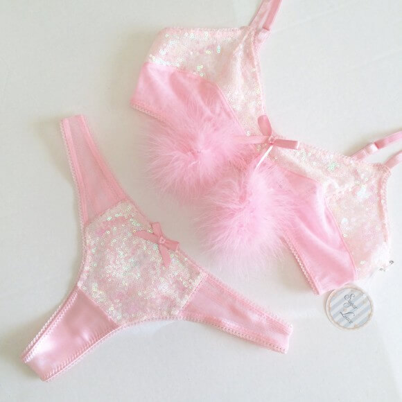 Sugar Lace Lingerie's Sweet Pink Sugar Thong Set, which I would love to own if I didn't mind having less support!