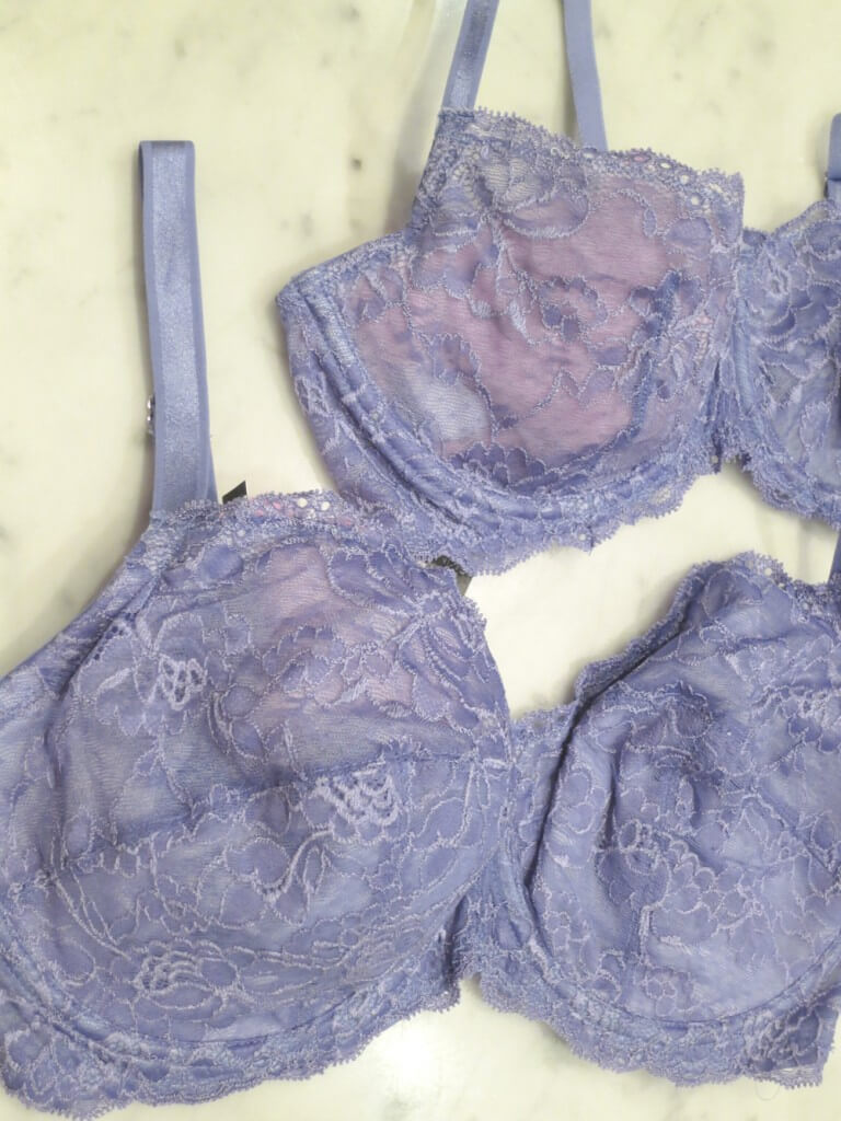 These two Montelle bras have essentially the same "look" but are technically two different styles; the top is a demi bra available in core sizes, and the bottom is a full cup bra that comes in a range of larger sizes.
