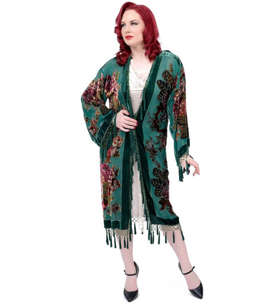 unique vintage fringed hunter green robe